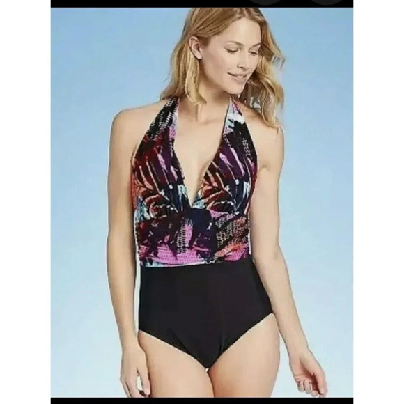Aqua Green Women's  Black One Piece Swimsuit Abstract Floral Top Halter Sz M NEW - Picture 1 of 6